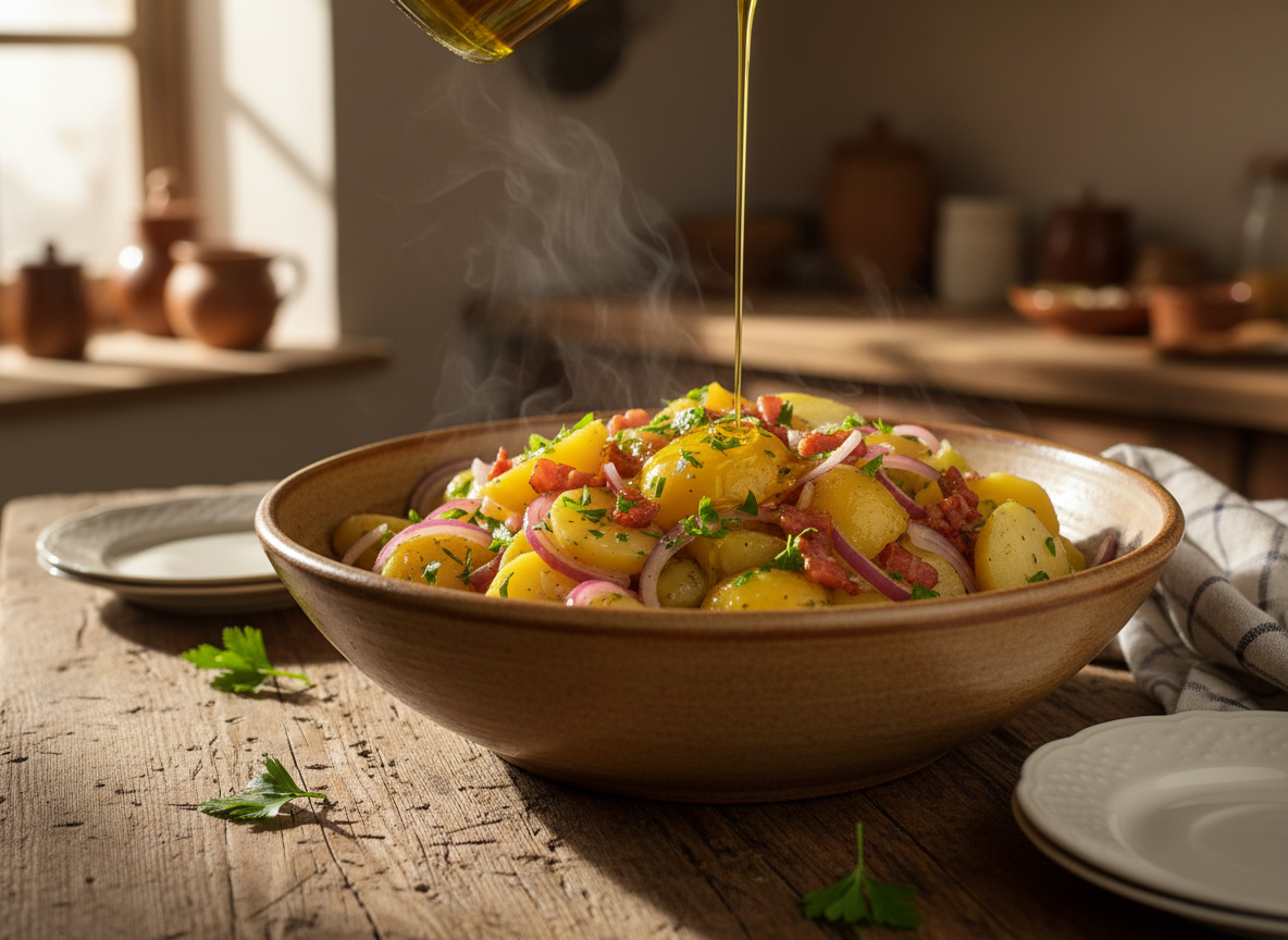 Ensalada alemana de patatas con bacon: receta clásica 5 Ensalada alemana de patatas lista con perejil y aceite de oliva