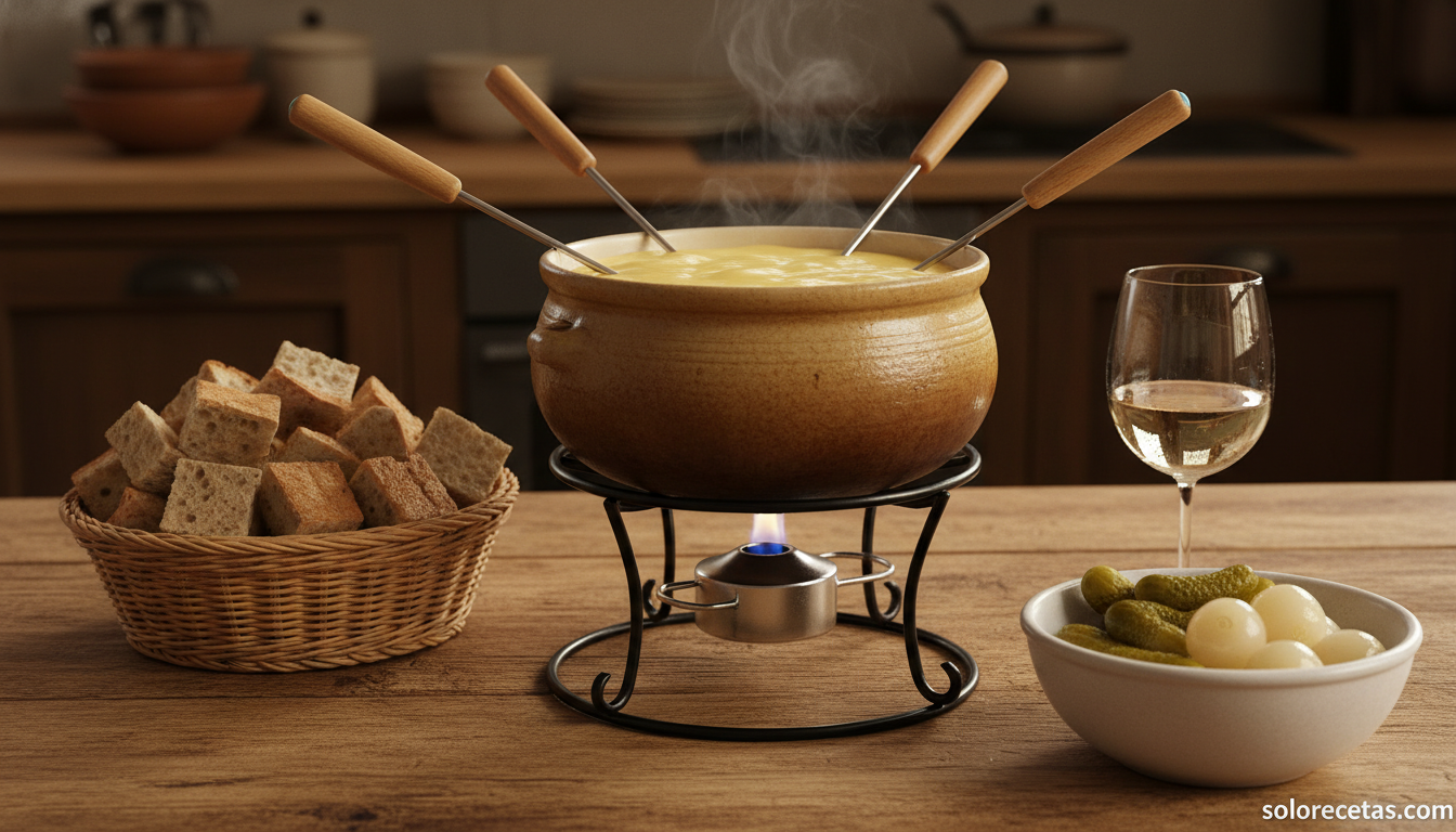 Mesa servida con la fondue de queso lista sobre el infiernillo y pan