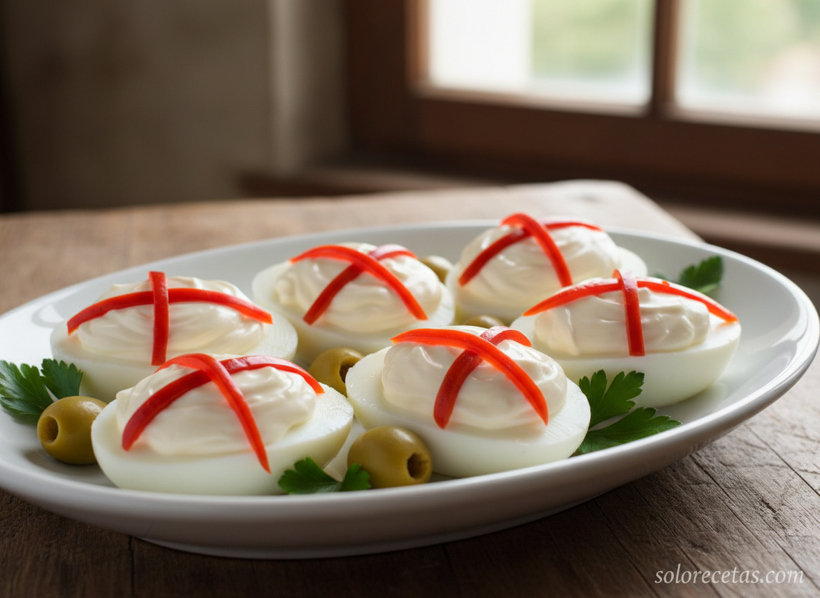 Huevos rellenos de atún: receta clásica para 4 personas 3 ai close up of stuffed egg halves on white ceramic platter bein T1Z0jh