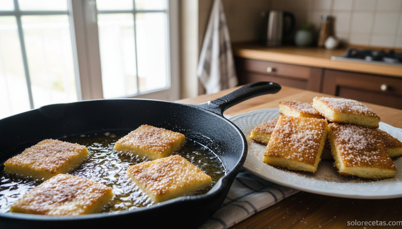 Cuadrados de leche frita dorándose en aceite de oliva caliente