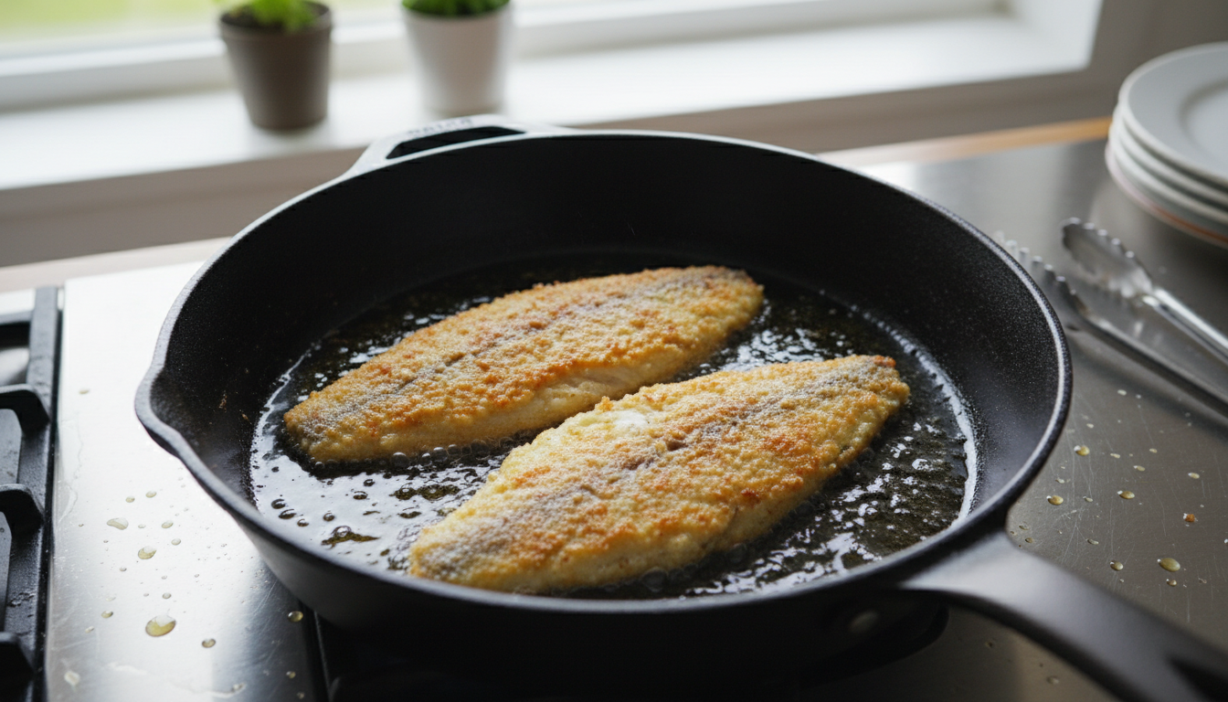 Lenguado con gambas: filetes rebozados con picadillo 2 Filetes de lenguado rebozados friéndose en aceite de oliva caliente