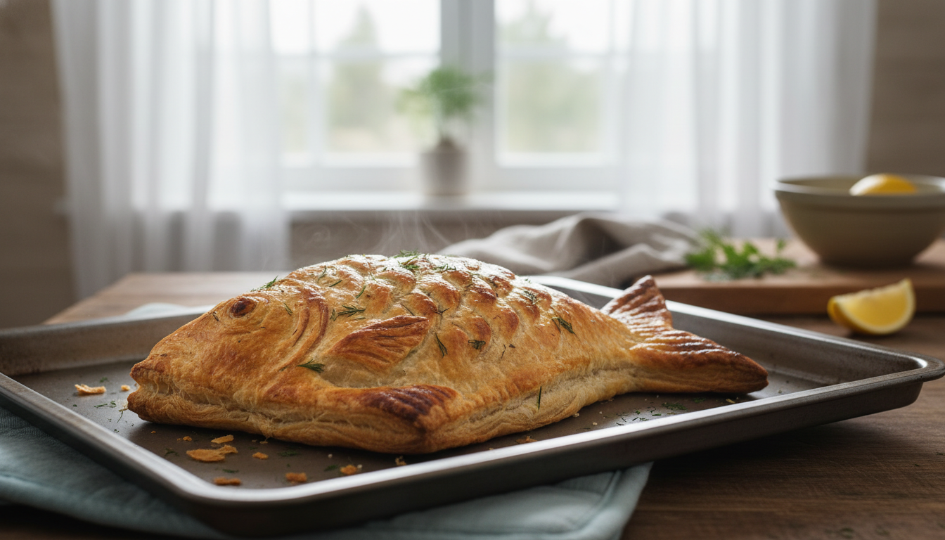 Lubina en hojaldre al horno con salsa de pimientos 2 Lubina en hojaldre recién sacada del horno perfectamente dorada
