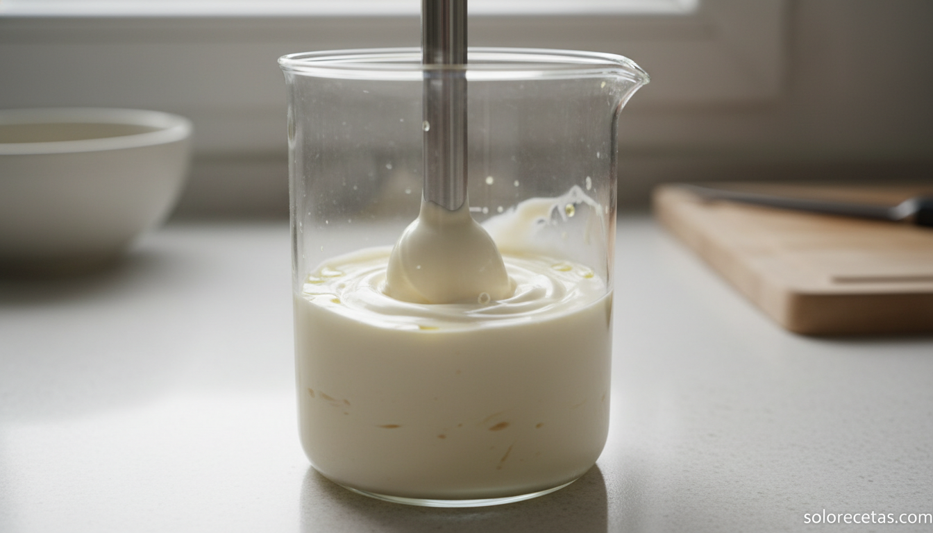 Mayonesa de leche sin huevo (lactonesa): receta y trucos 8 Batidora de mano emulsionando la mayonesa de leche dentro del vaso