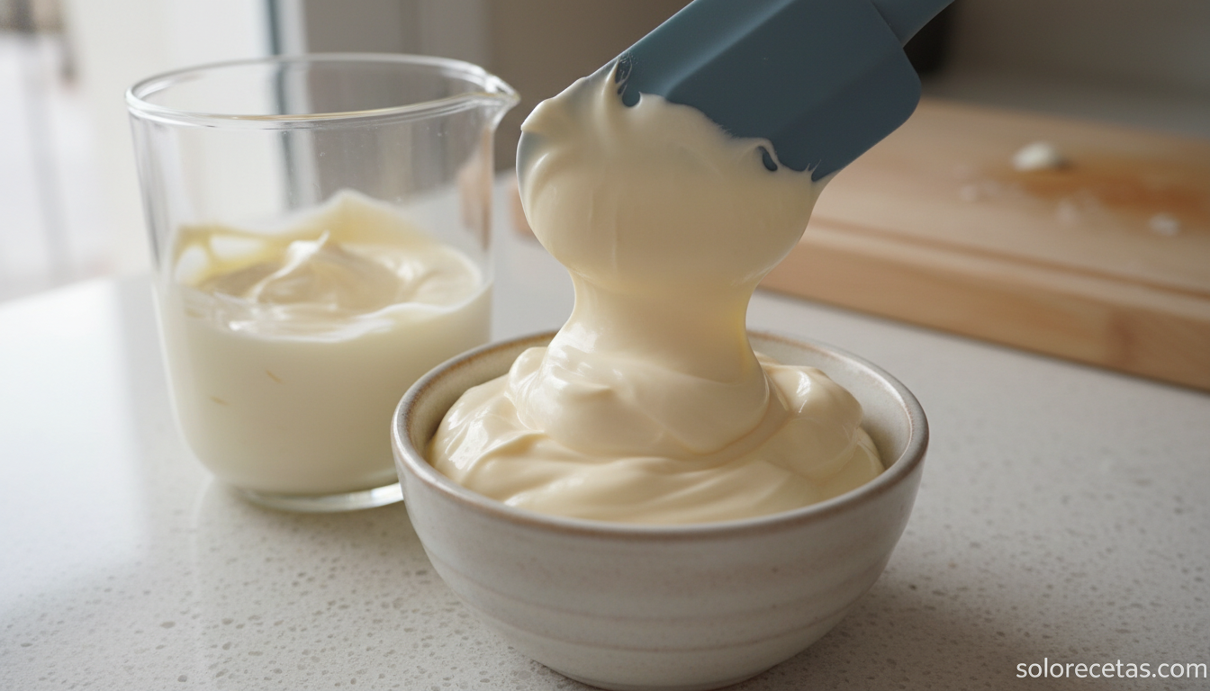 Mayonesa de leche sin huevo (lactonesa): receta y trucos 9 Mayonesa de leche terminada con textura espesa transferida del vaso al cuenco