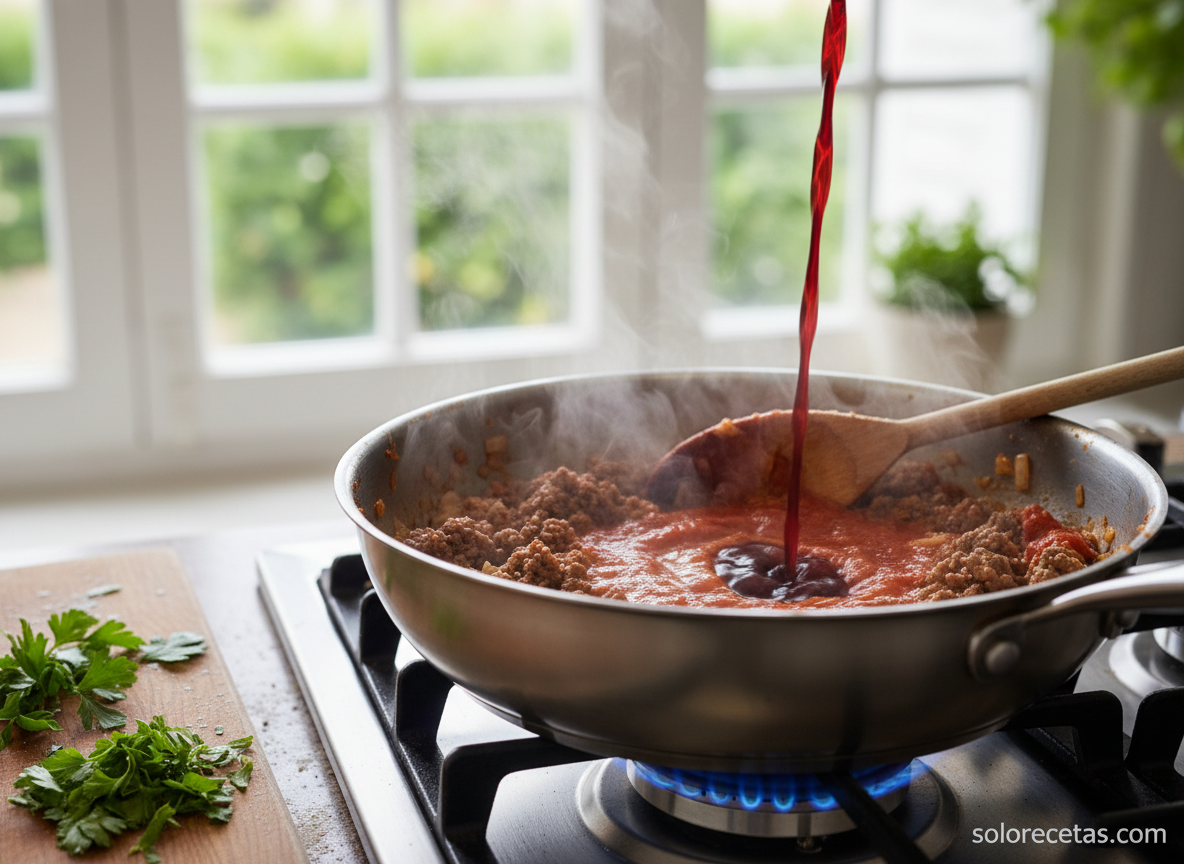 Moussaka griega: receta tradicional con berenjenas y carne picada 8 Carne picada de ternera dorandose con cebolla, tomate y vino tinto en sarten