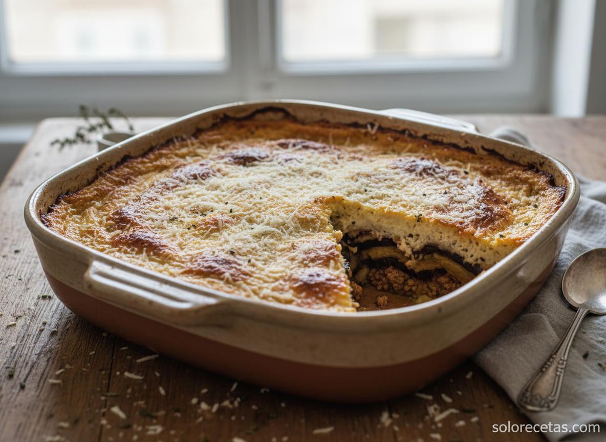 Moussaka griega: receta tradicional con berenjenas y carne picada 9 Moussaka griega recien horneada con bechamel dorada y queso gratinado en bandeja de ceramica