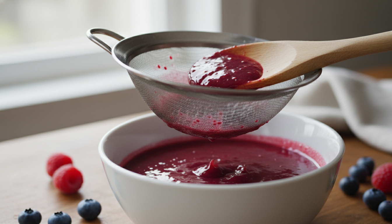 Panna cotta italiana: receta con coulis de frutos rojos 2 Coulis de frutos rojos pasándose por el colador fino