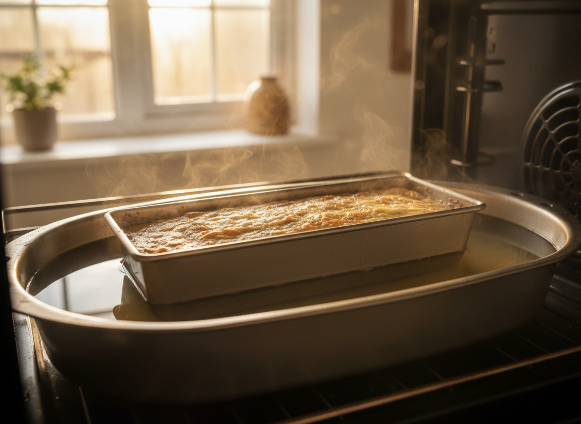 Pastel de langostinos al baño María: receta clásica 2 Pastel de langostinos horneándose al baño María en el horno a 180 grados