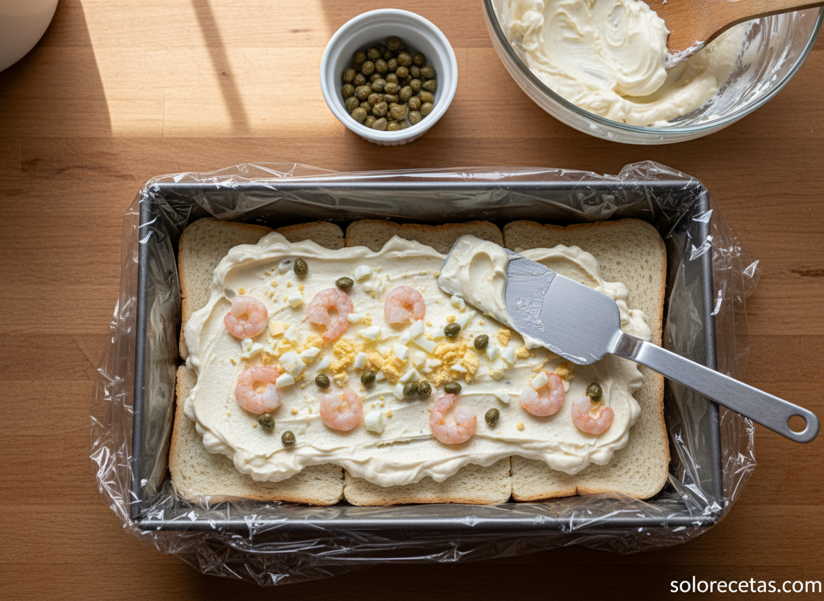 Pastel de salmón ahumado frío: receta fácil para celebraciones 2 Molde rectangular forrado con film con la primera capa de pan y relleno cremoso del pastel
