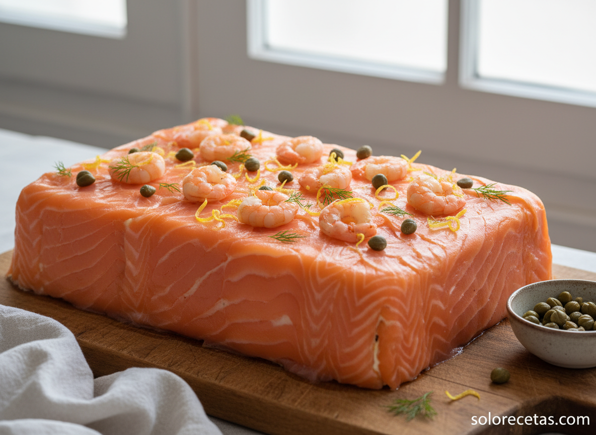 Pastel de salmón ahumado frío: receta fácil para celebraciones 3 Pastel de salmón cubierto con lonchas y decorado con gambas y eneldo listo para servir