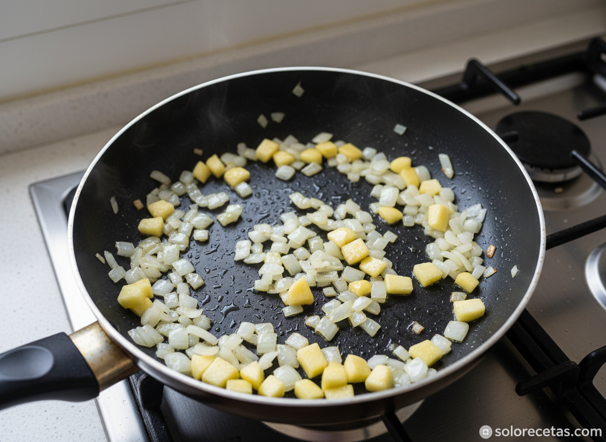 Cebolla y manzana picadas finas pochando en sartén con aceite de oliva