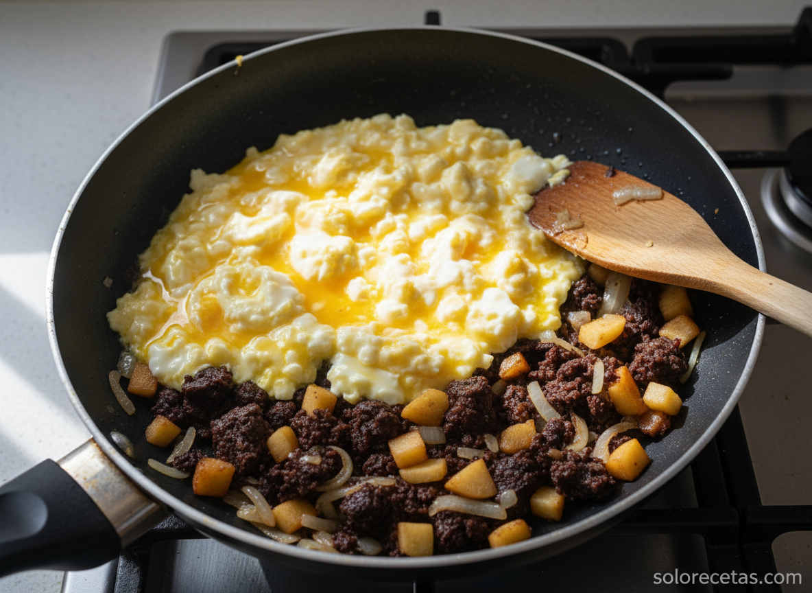 Huevos cuajando con morcilla, cebolla y manzana en sartén