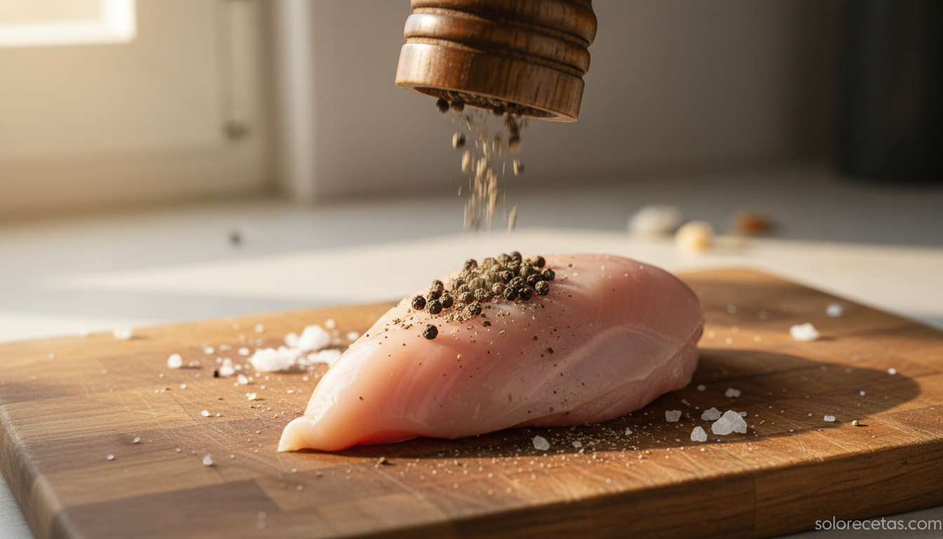Sal y pimienta en cocina: tipos, cuándo añadir y trucos para sazonar 2 Pimienta recien molida cayendo sobre filete de pollo crudo
