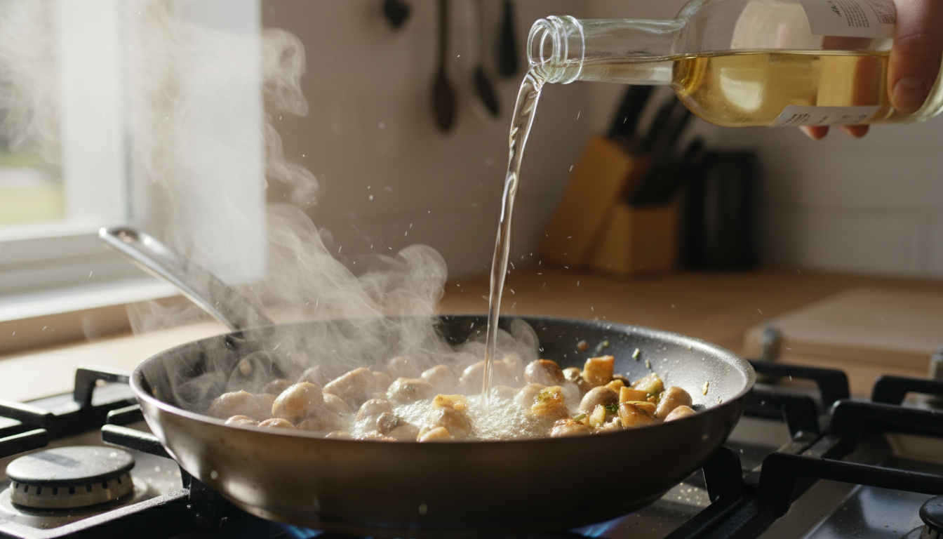Setas al ajillo con vino blanco: receta de tapas fácil 4 Añadiendo vino blanco a las setas salteadas para desglasas la sartén