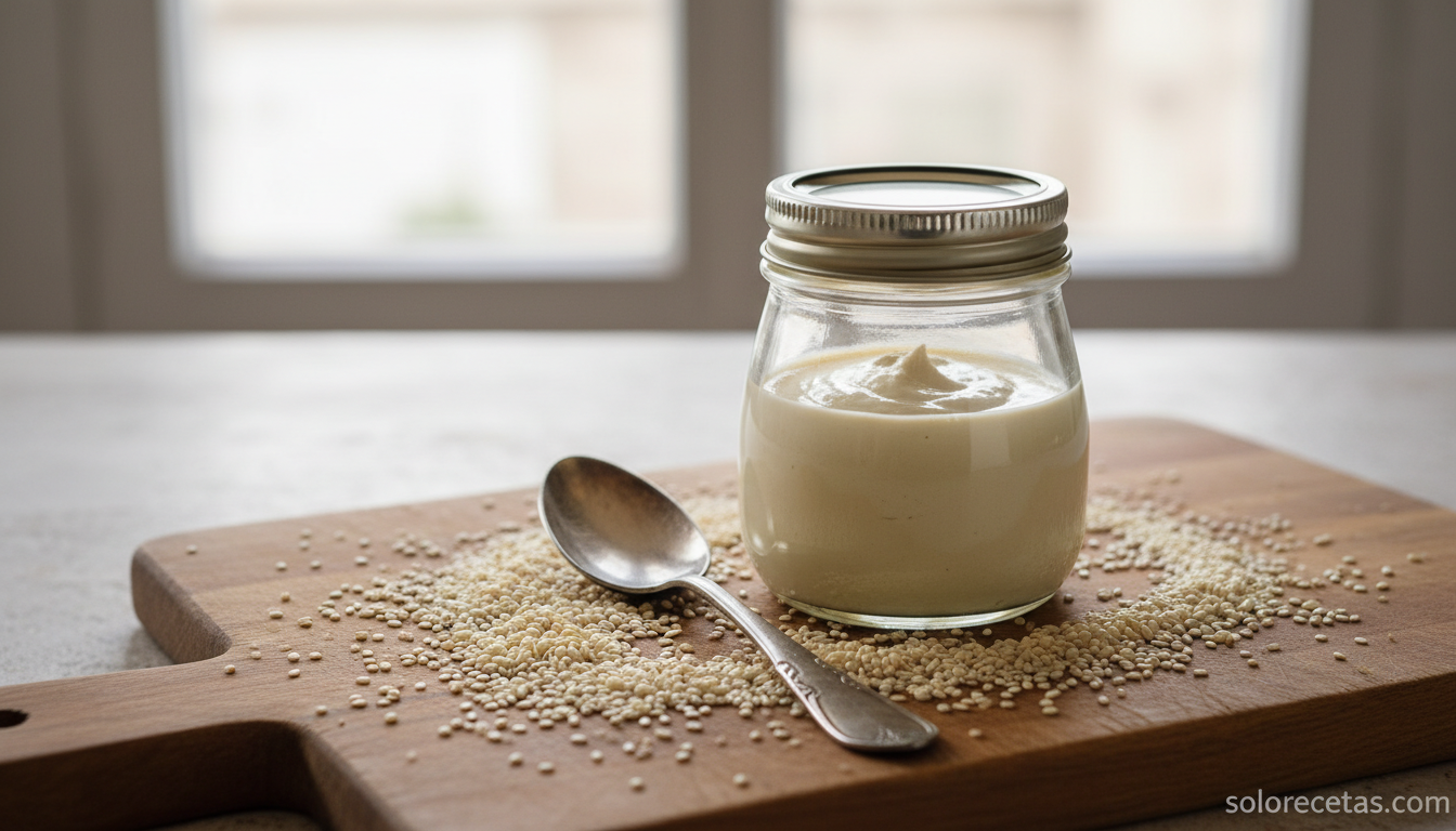 Tahini casero: cómo hacer la auténtica salsa árabe de sésamo 3 Tarro de cristal con tahini casero terminado y semillas de sésamo alrededor