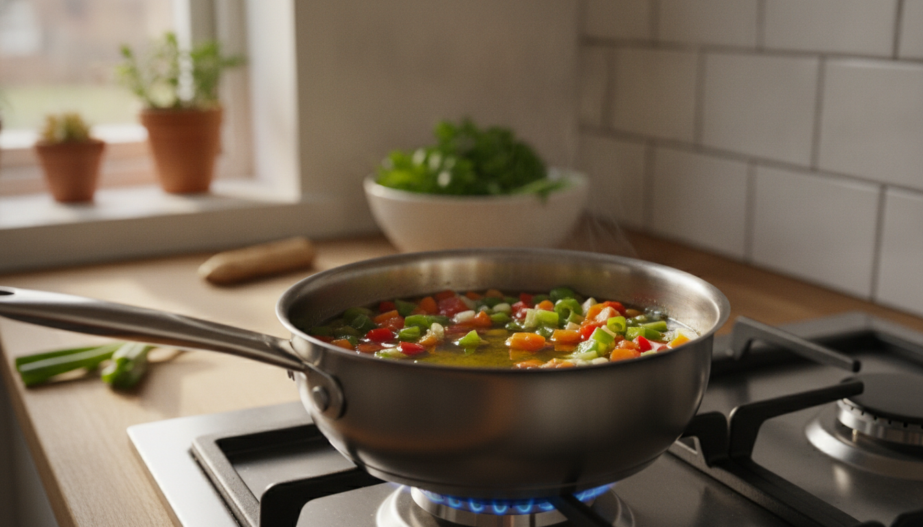 Vinagreta de verduras picadas calentándose en aceite de oliva en un cazo pequeño