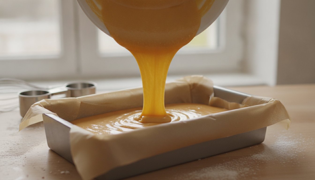 Vertiendo la masa de coca de naranja en el molde forrado con papel de horno