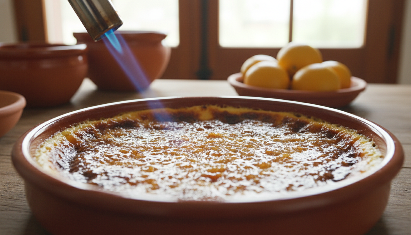 Crema catalana: receta casera tradicional 2 Quemando el azúcar de la crema catalana con soplete