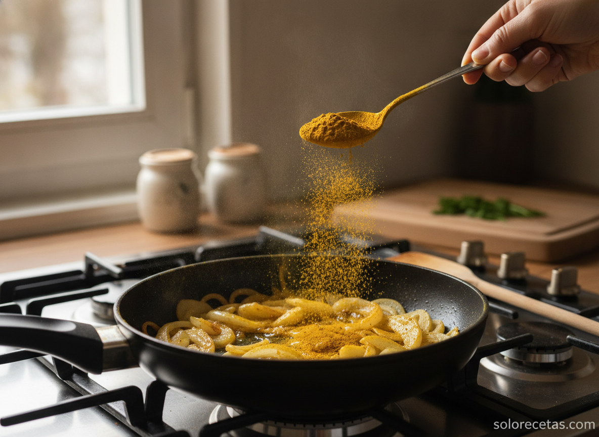 Cebolla y manzana pochadas con curry en sartén