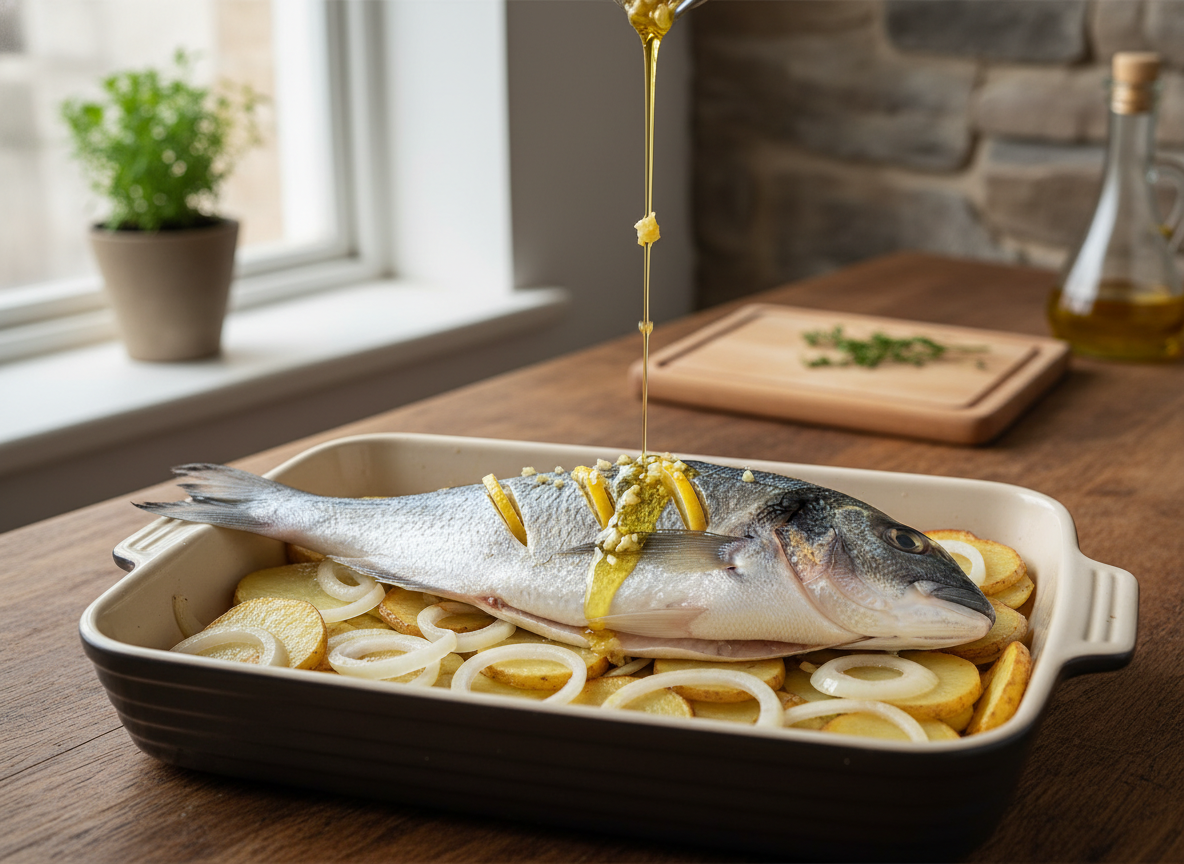 Fuente de horno con base de patatas, cebolla y dorada encima lista para hornear