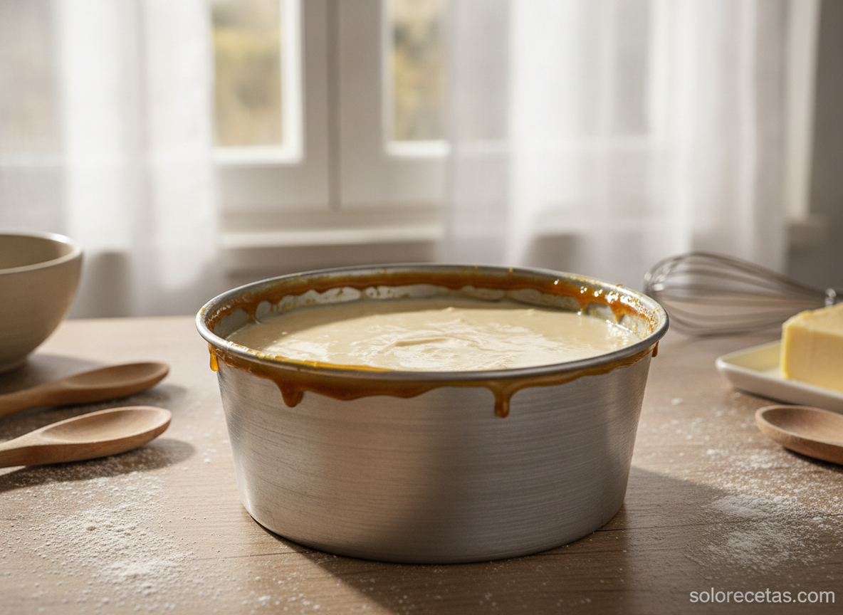Molde con mezcla de flan de mandarina listo para el horno