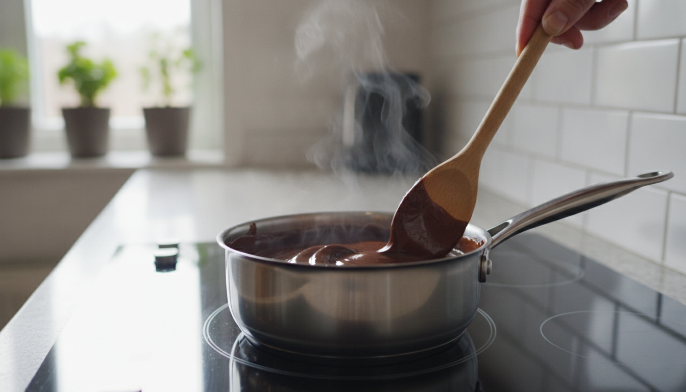 Cocinando la salsa de chocolate caliente a fuego lento removiendo constantemente