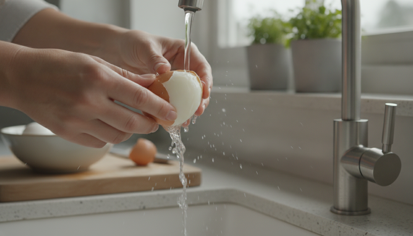 Huevos mollets sobre tostadas con espinacas y jamón 2 Pelando un huevo mollet con cuidado bajo agua fría