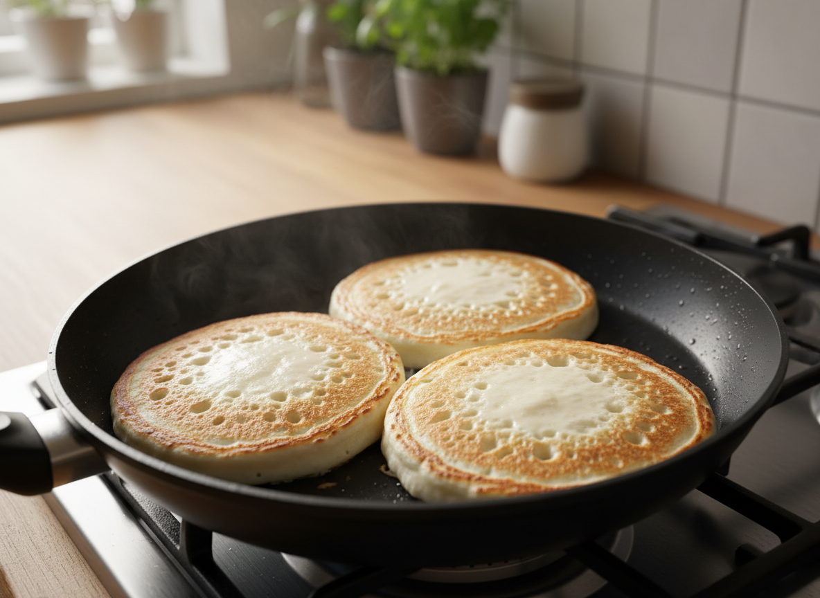 Meriendas para niños: tortitas caseras esponjosas 10 Tortitas cociéndose en la sartén hasta que burbujean los bordes