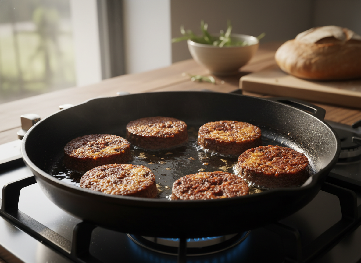 Pimientos de piquillo con morcilla: tapa clásica 2 Rodajas de morcilla de arroz friéndose en sartén con aceite de oliva