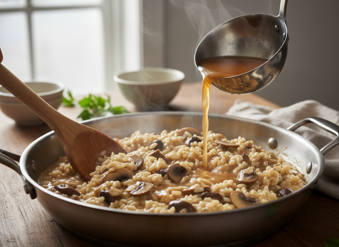 Risotto de hongos con foie: receta cremosa con boletus 2 Proceso del risotto: añadiendo caldo cucharón a cucharón y removiendo