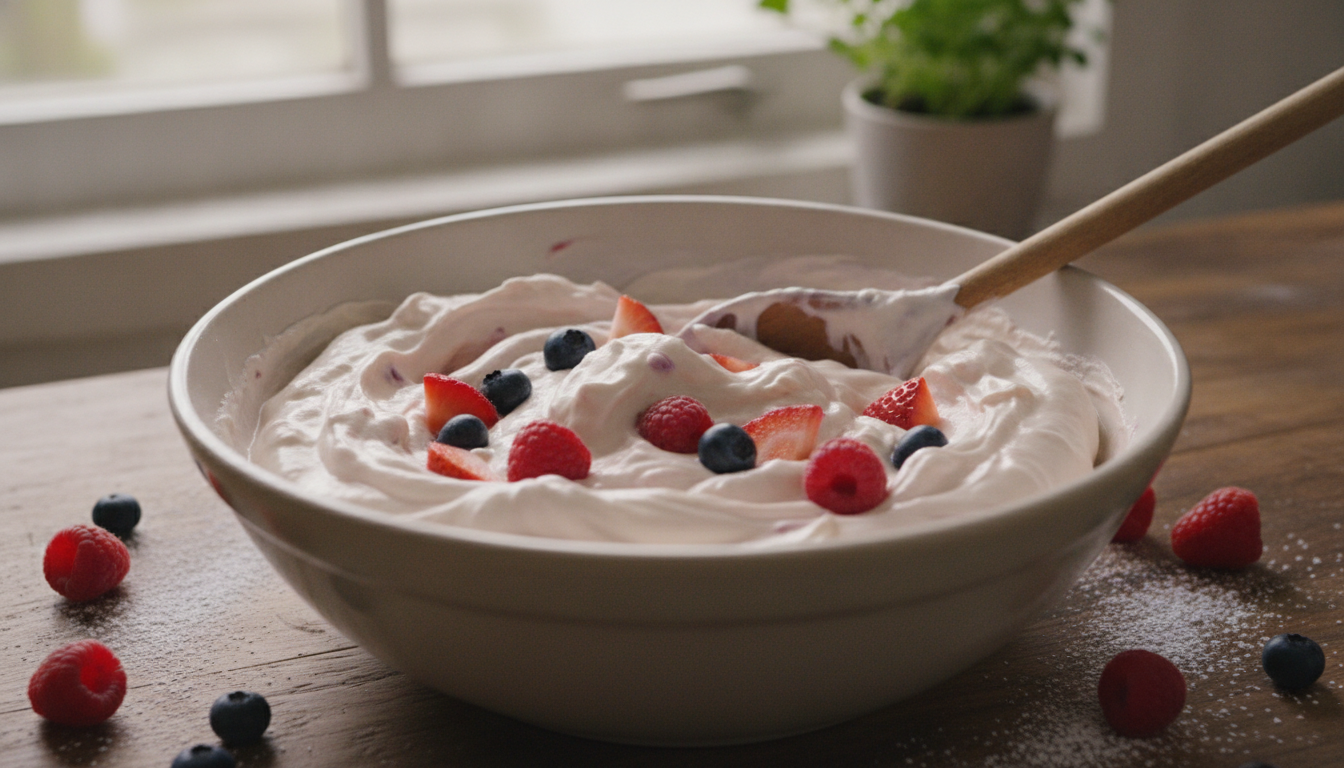 Mezclando la nata montada con queso crema y frutas rojas