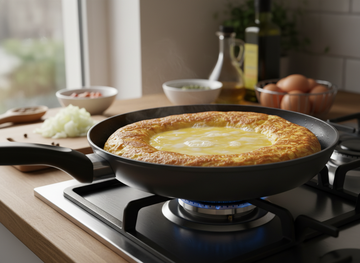 Tortilla de patatas chips: receta rápida y sorprendente 6 Tortilla de patatas chips cuajando en la sartén con los bordes dorados
