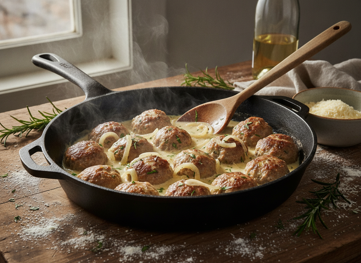 Albóndigas al vino blanco aptas para diabéticos 2 Albóndigas cociendo a fuego lento en la salsa de vino blanco