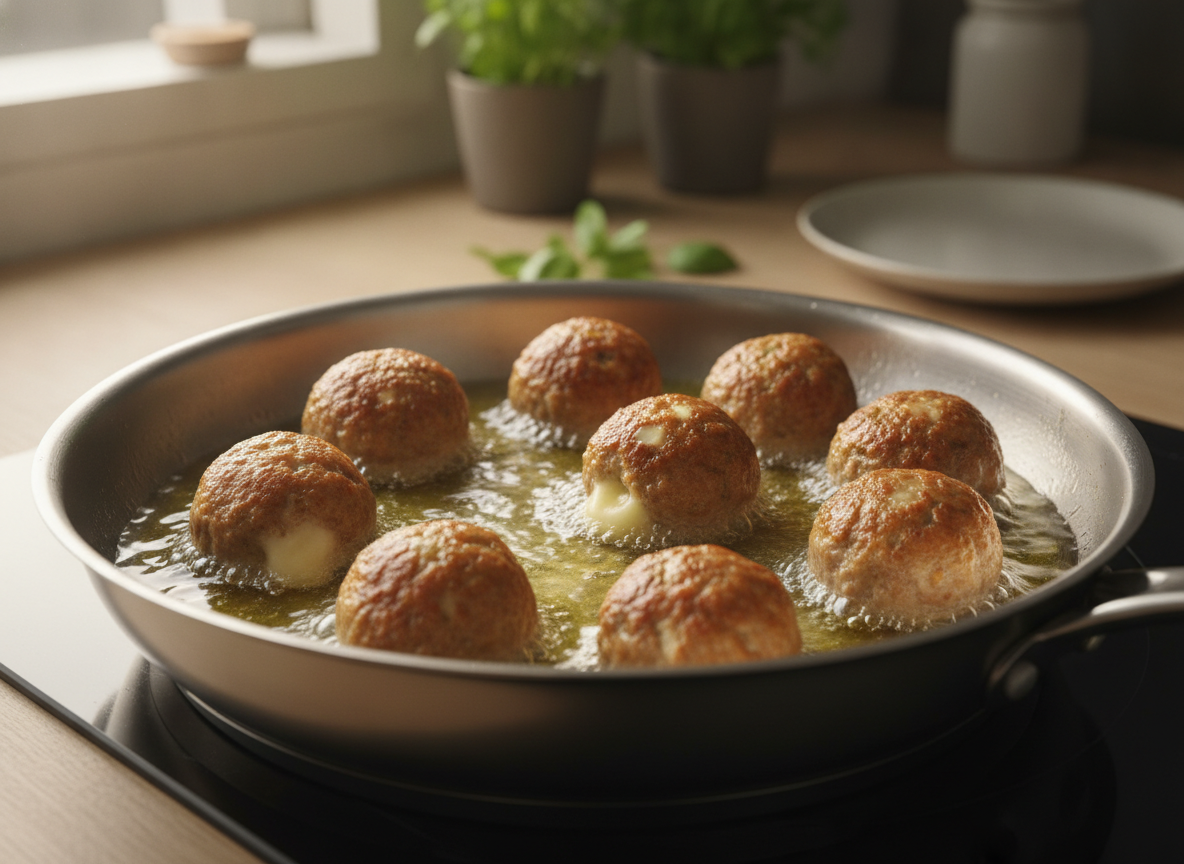 Friendo las albóndigas de queso en aceite de oliva