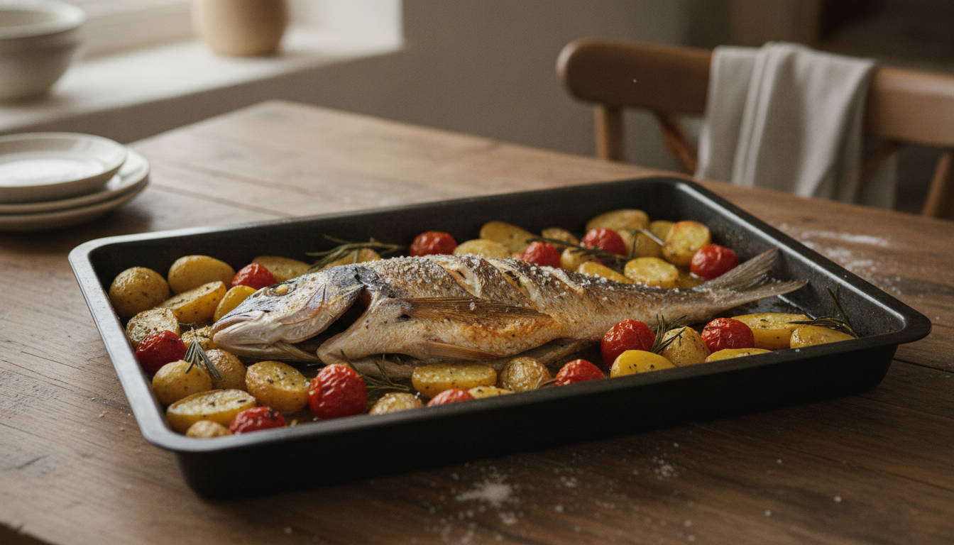 Besugo asado al horno con patatas y ajetes 6 Besugo asado entero con patatas y tomates en la fuente de horno