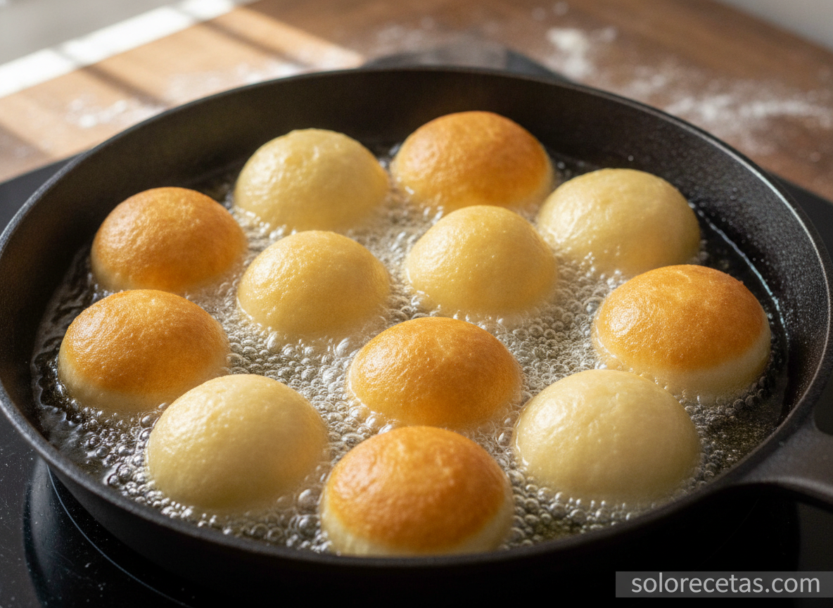 Bombolinis caseros: receta de dulce frito y esponjoso 2 Bombolinis friéndose en aceite hasta dorarse