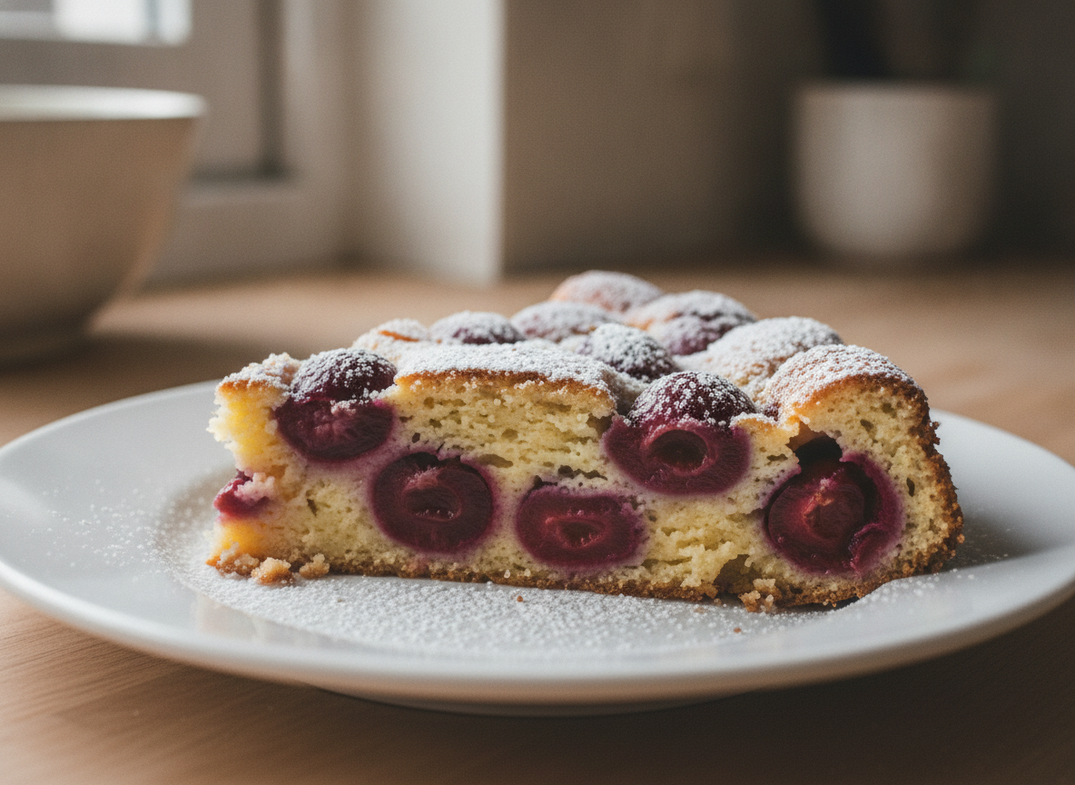 Corte de clafoutis de cereza mostrando su textura