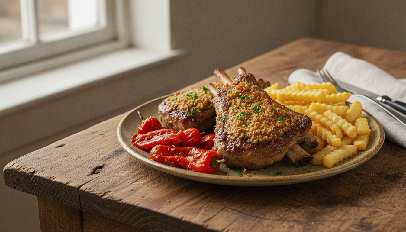 Costilla de ternera asada con guarnicion de patatas fritas y pimientos de piquillo