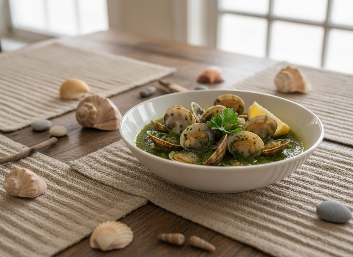 Decora tu mesa con temática marina para una cena de marisco 2 Almejas en salsa verde servidas en una mesa con decoración marina