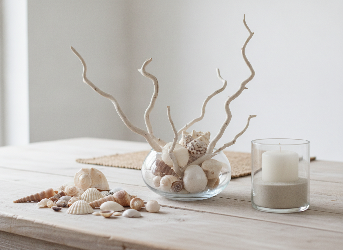 Decora tu mesa con temática marina para una cena de marisco 3 Centro de mesa sencillo con conchas naturales y una vela con arena
