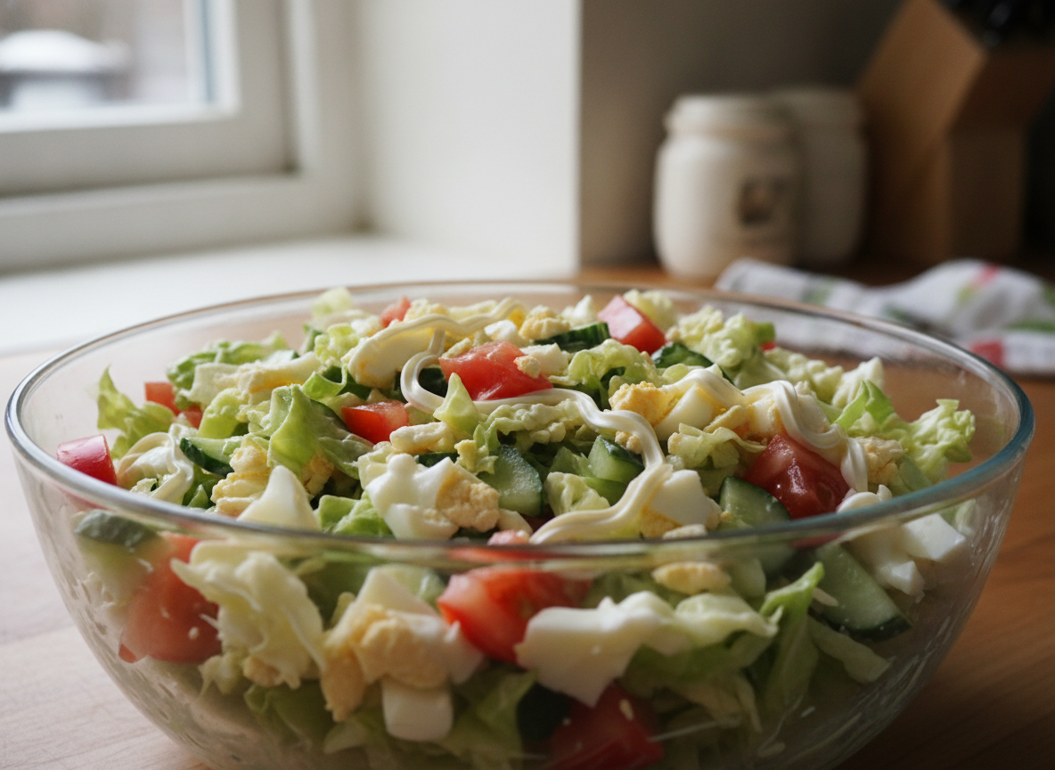 Mezclando la ensalada de col y pepino con mayonesa en un bol grande
