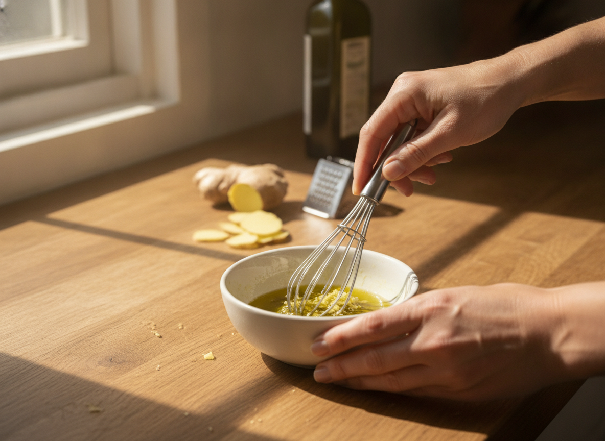 Vinagreta de aceite de oliva y jengibre picado para la ensalada