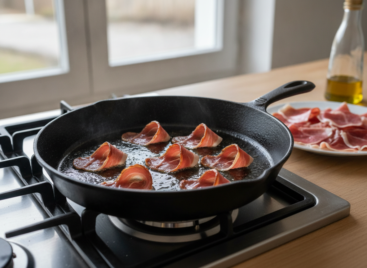 Ensalada serrana: receta con jamón, avellanas y uvas 2 Láminas de jamón serrano dorándose en una sartén
