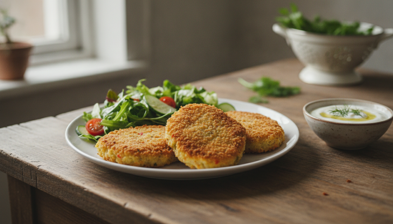 Escalopes de verdura crujientes con ensalada y salsa de yogur