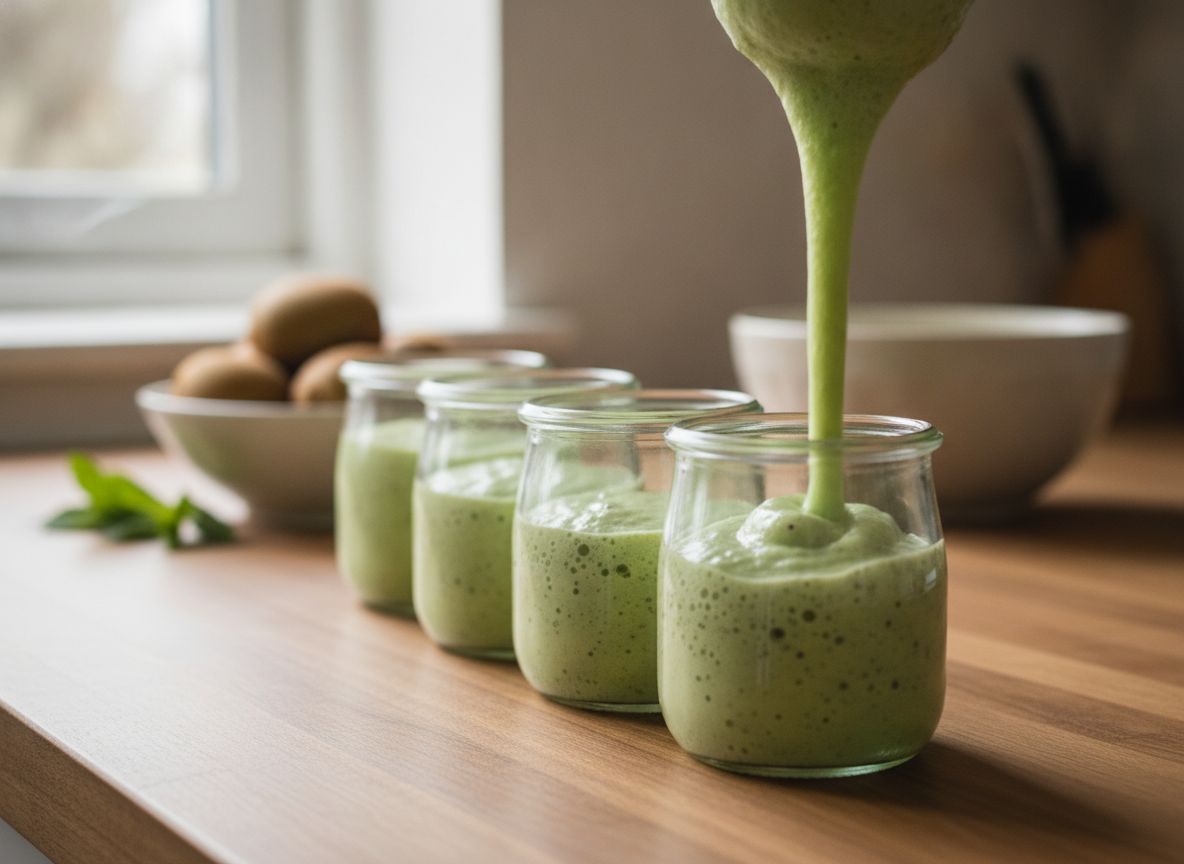 Repartiendo la espuma de kiwi en moldecitos individuales