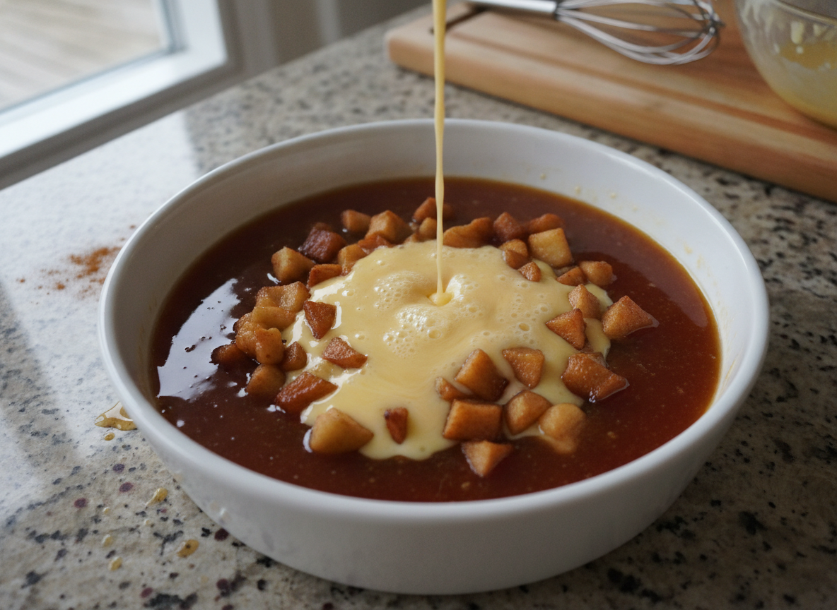 Flan de manzana casero: receta cremosa con caramelo 6 Molde de flan con caramelo, manzana y mezcla de huevo antes de hornear