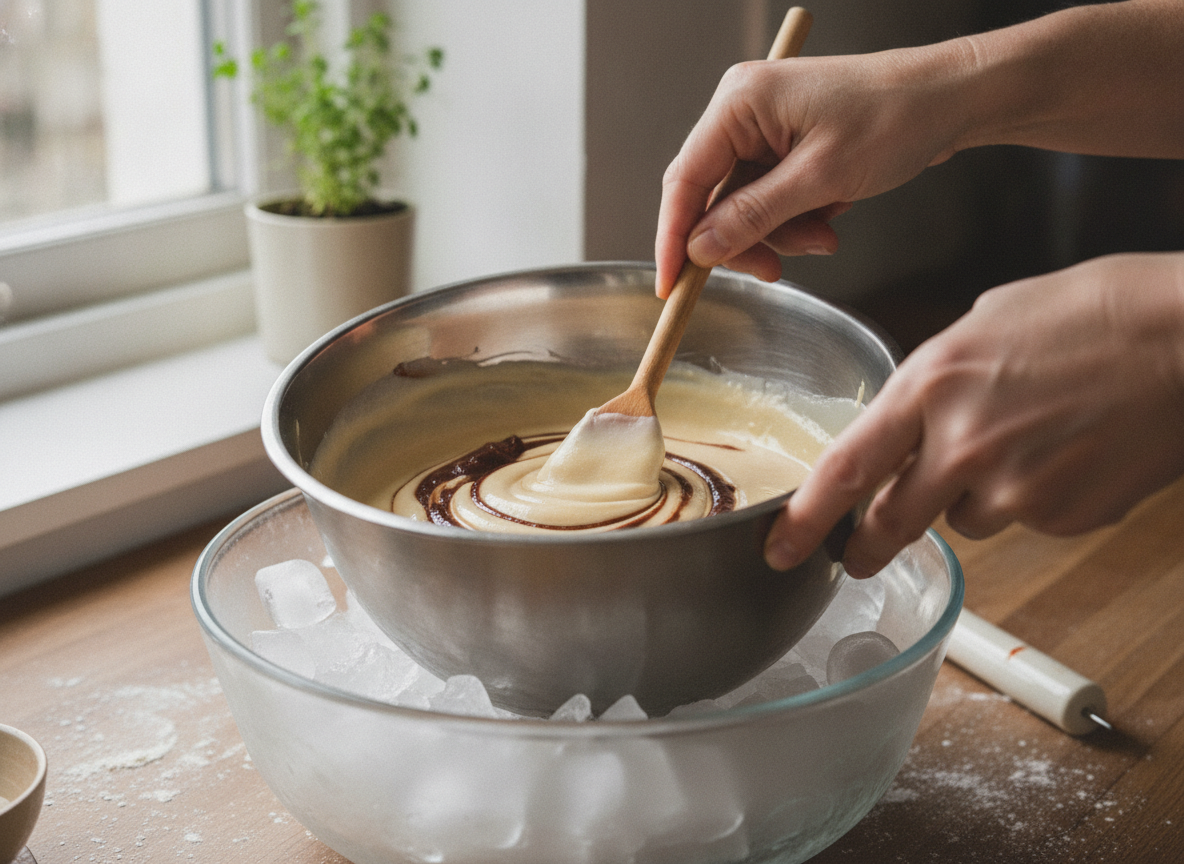 Mezclando la crema de castañas antes de congelar