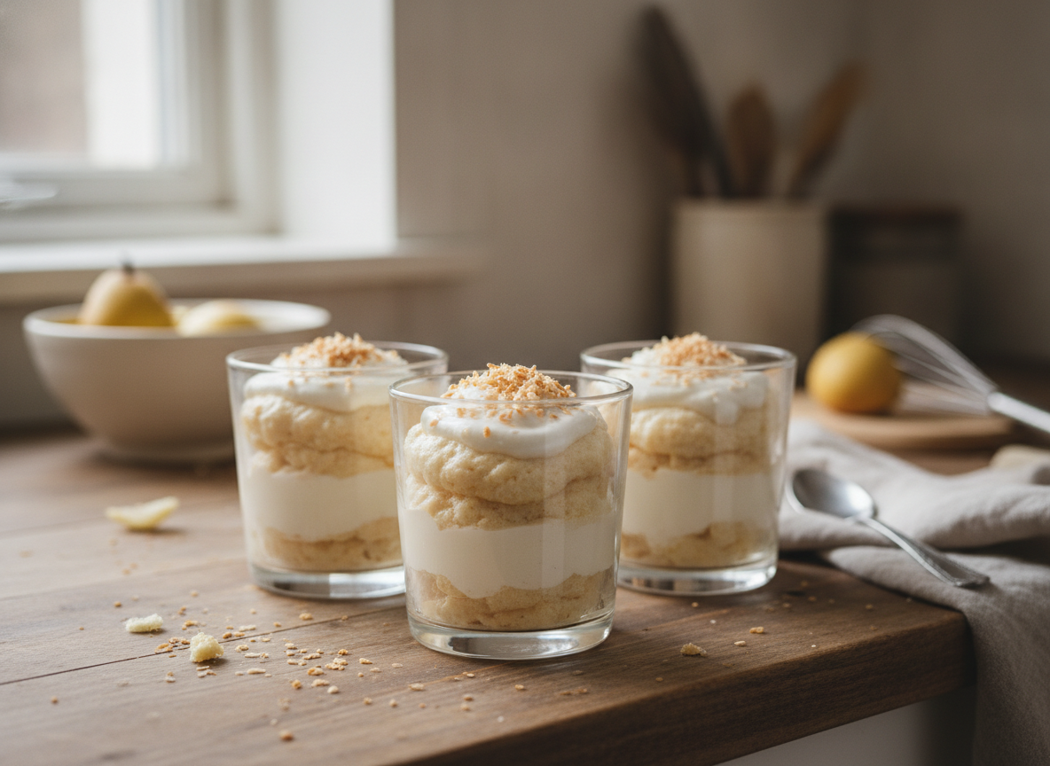 Mousse de peras y coco: receta ligera y cremosa 10 Vasitos de mousse de peras y coco listos para enfriar en la nevera