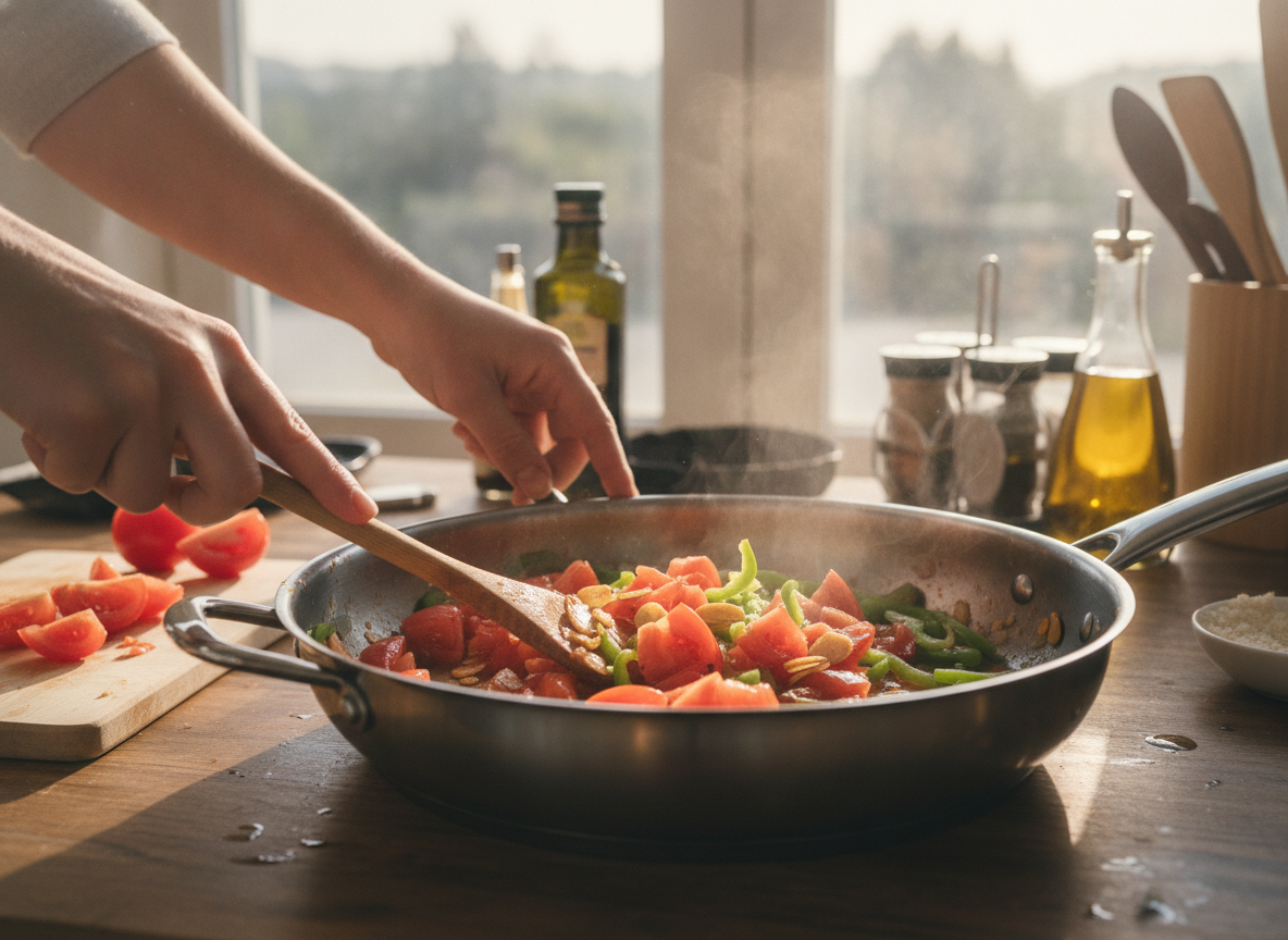 Añadiendo el tomate troceado al sofrito de ajo y pimiento