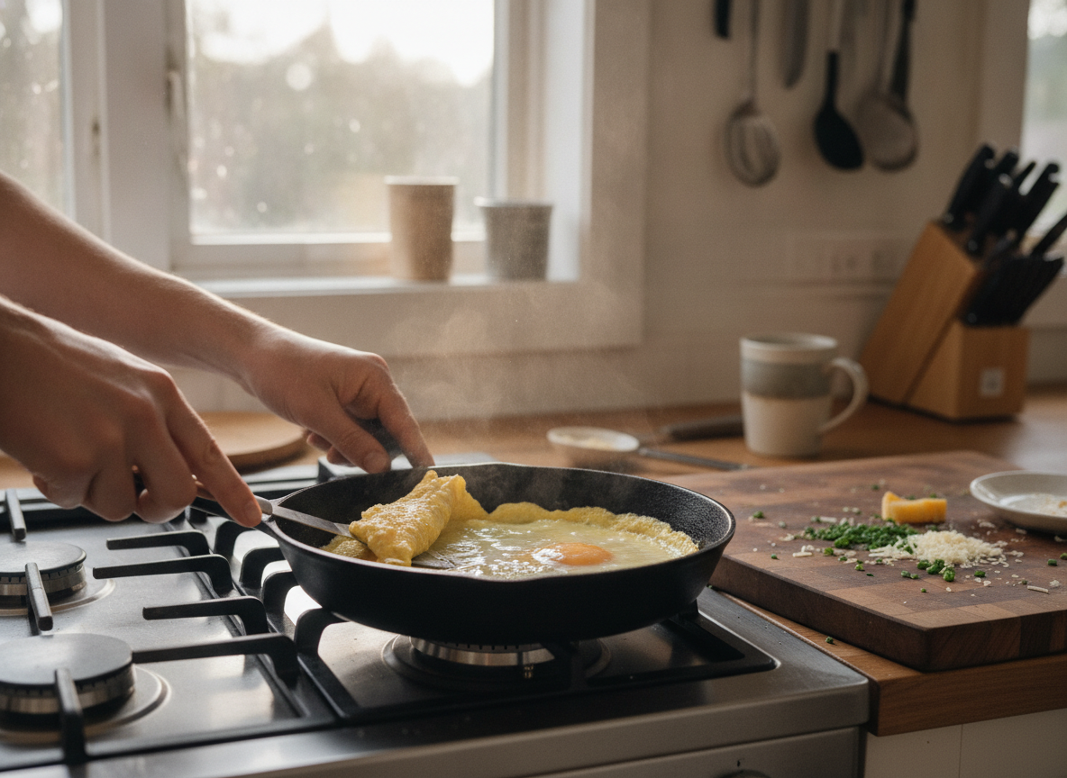 Cuajando una tortilla individual de dos huevos